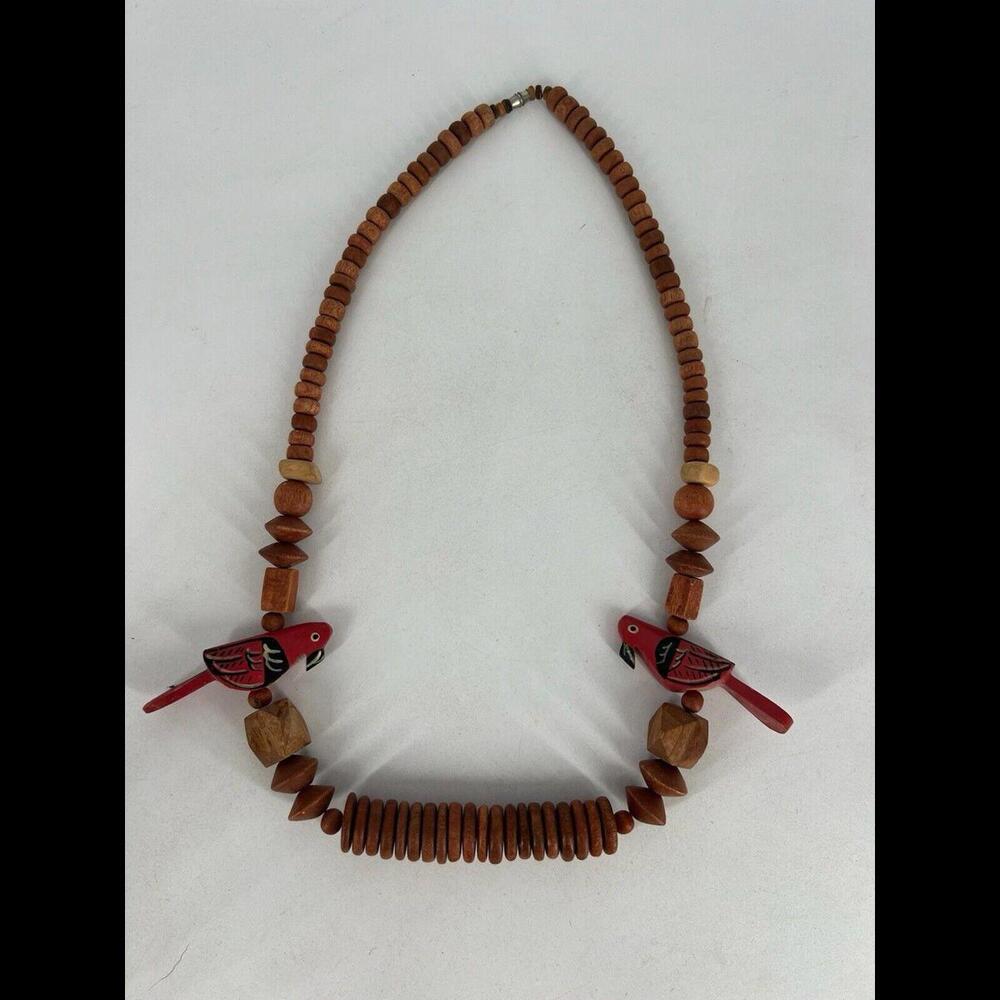 Mid Century Wooden Painted Red Parrot Necklace